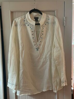 Linen Embroidered V-Neck Tunic Shirt - Cream with Blue Accents size 22